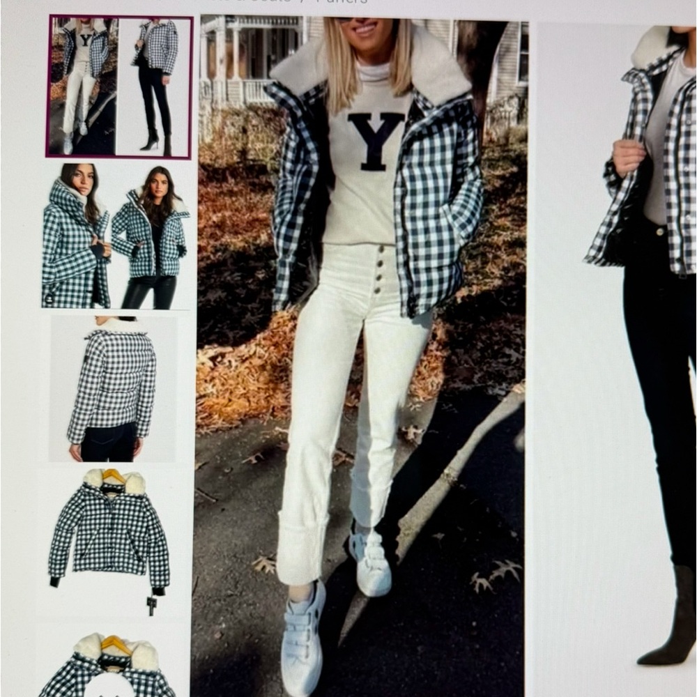 SAM Gingham Down Puffer Jacket with lamb shearling collar.
 NWT, Large